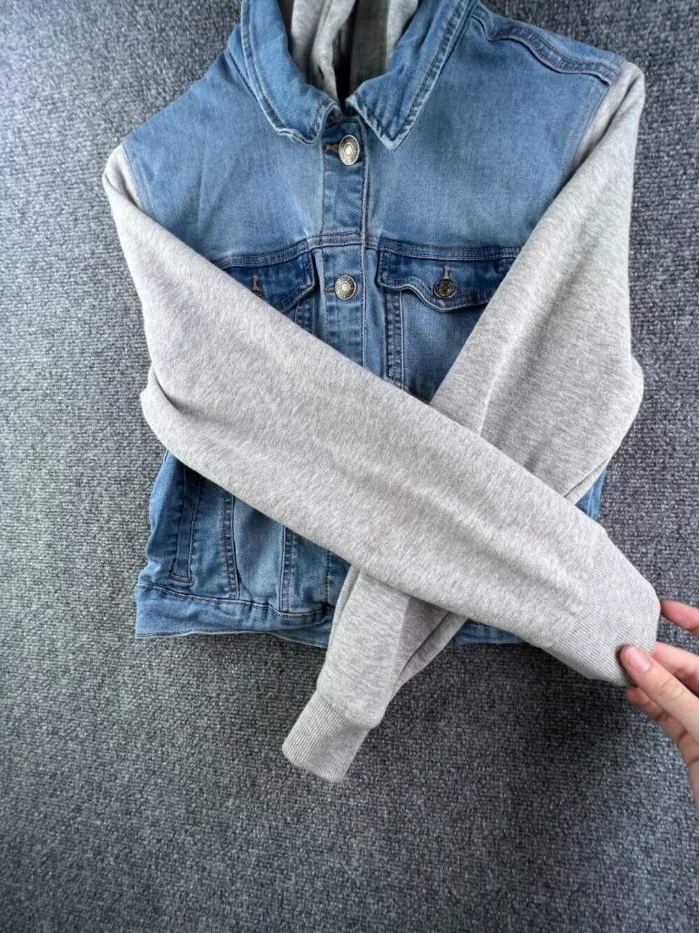 Wax Jean Denim Jacket Blue Gray Girls Large Stretch Buttons Long Sleeve Hooded